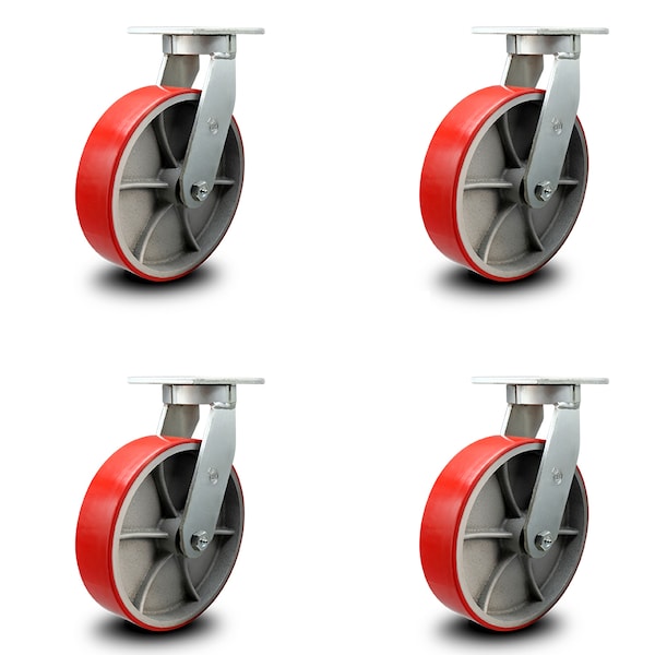 12 Inch Extra Heavy Duty Red Poly on Cast Iron Wheel Swivel Caster, 4PK